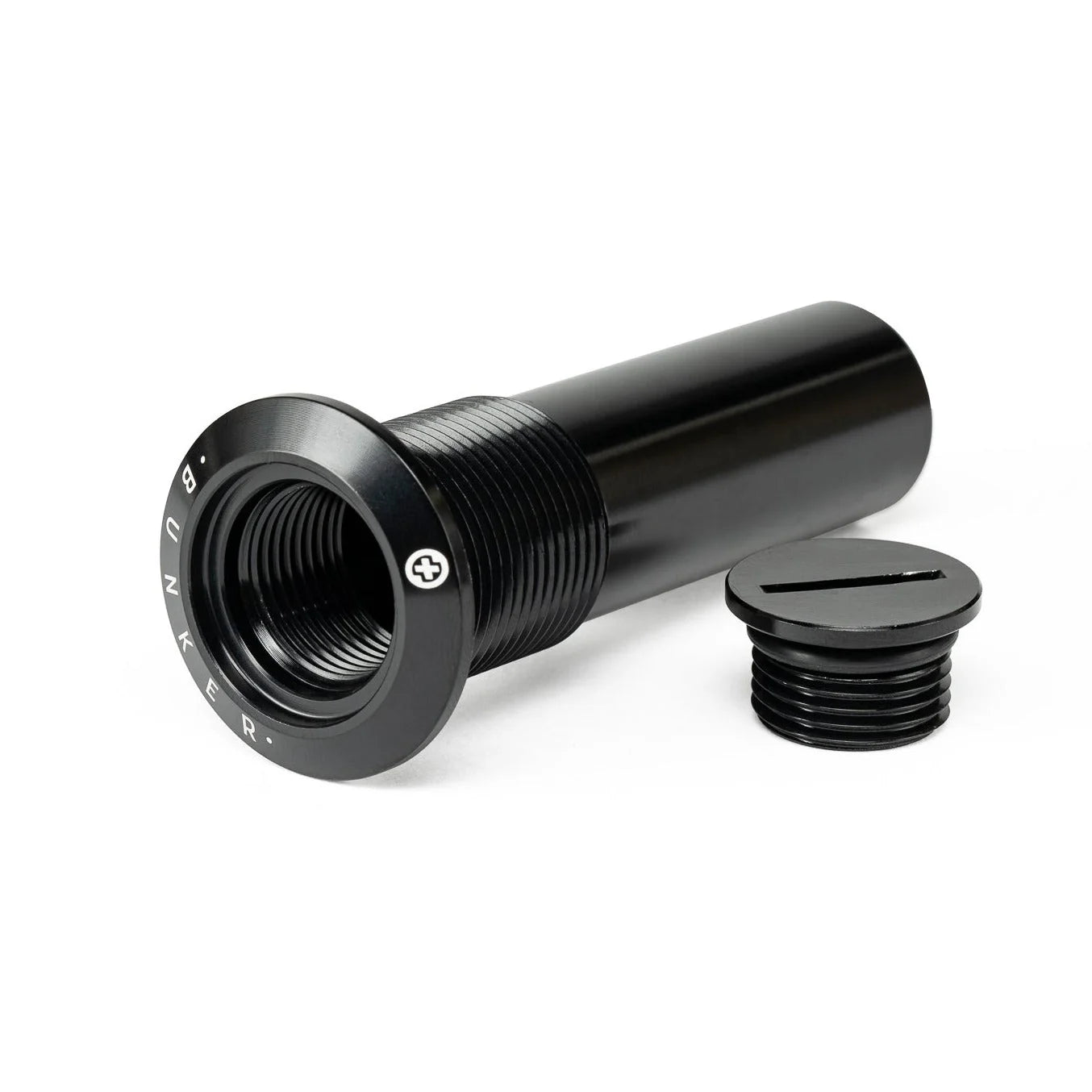 SALTPLUS Bunker Fork Top Bolt, M24 thread, black, shown disassembled with the internal threading visible inside the bolt body and the slotted cap alongside it.