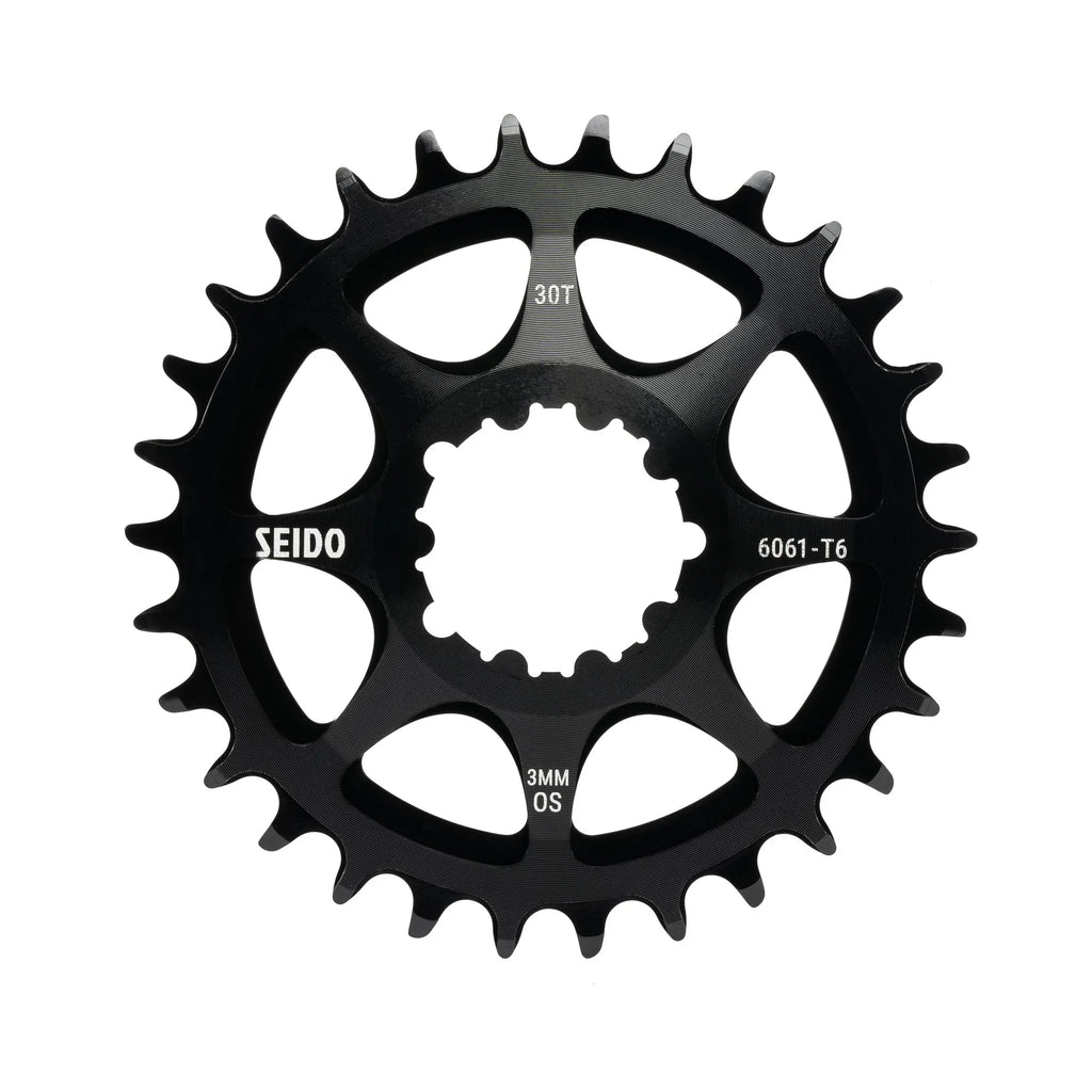 SEIDO COIL Chainring, black, 30 Tooth (30T), highlighting the 3mm offset (3MM OS), 6061-T6 alloy material, and wide-narrow tooth profile.