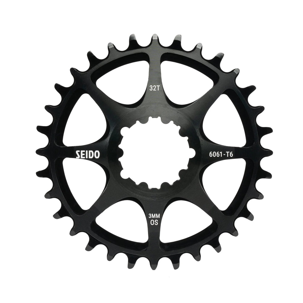 SEIDO COIL Chainring, black, 32 Tooth (32T), highlighting the 3mm offset (3MM OS), 6061-T6 alloy material, and wide-narrow tooth profile.