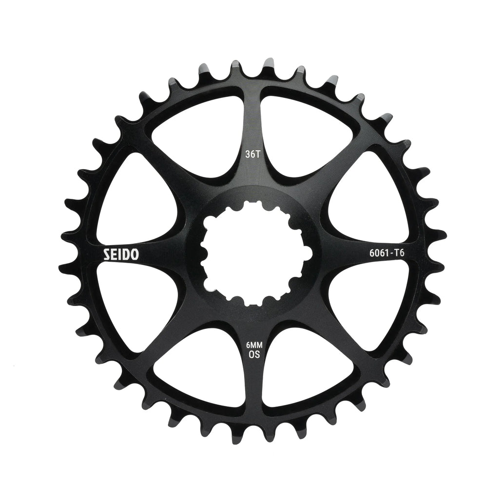 SEIDO COIL Chainring, black, 36 Tooth (36T), highlighting the 6mm offset (6MM OS), 6061-T6 alloy material, and wide-narrow tooth profile.
