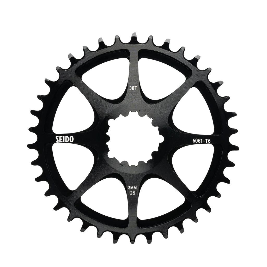SEIDO COIL Chainring, black, 38 Tooth (38T), highlighting the 6mm offset (6MM OS), 6061-T6 alloy material, and wide-narrow tooth profile.