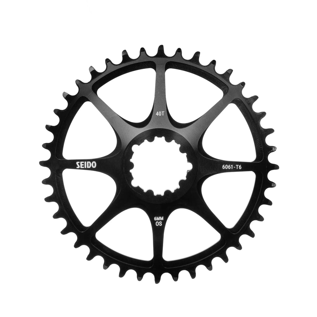SEIDO COIL Chainring, black, 40 Tooth (40T), highlighting the 6mm offset (6MM OS), 6061-T6 alloy material, and wide-narrow tooth profile.