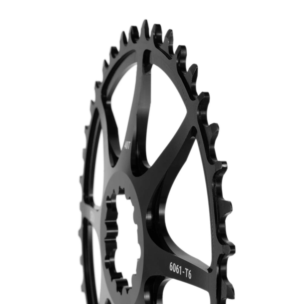 Close-up side view of the SEIDO COIL Chainring, black, highlighting the 40T count, wide-narrow tooth profile, and 6061-T6 alloy material etching.