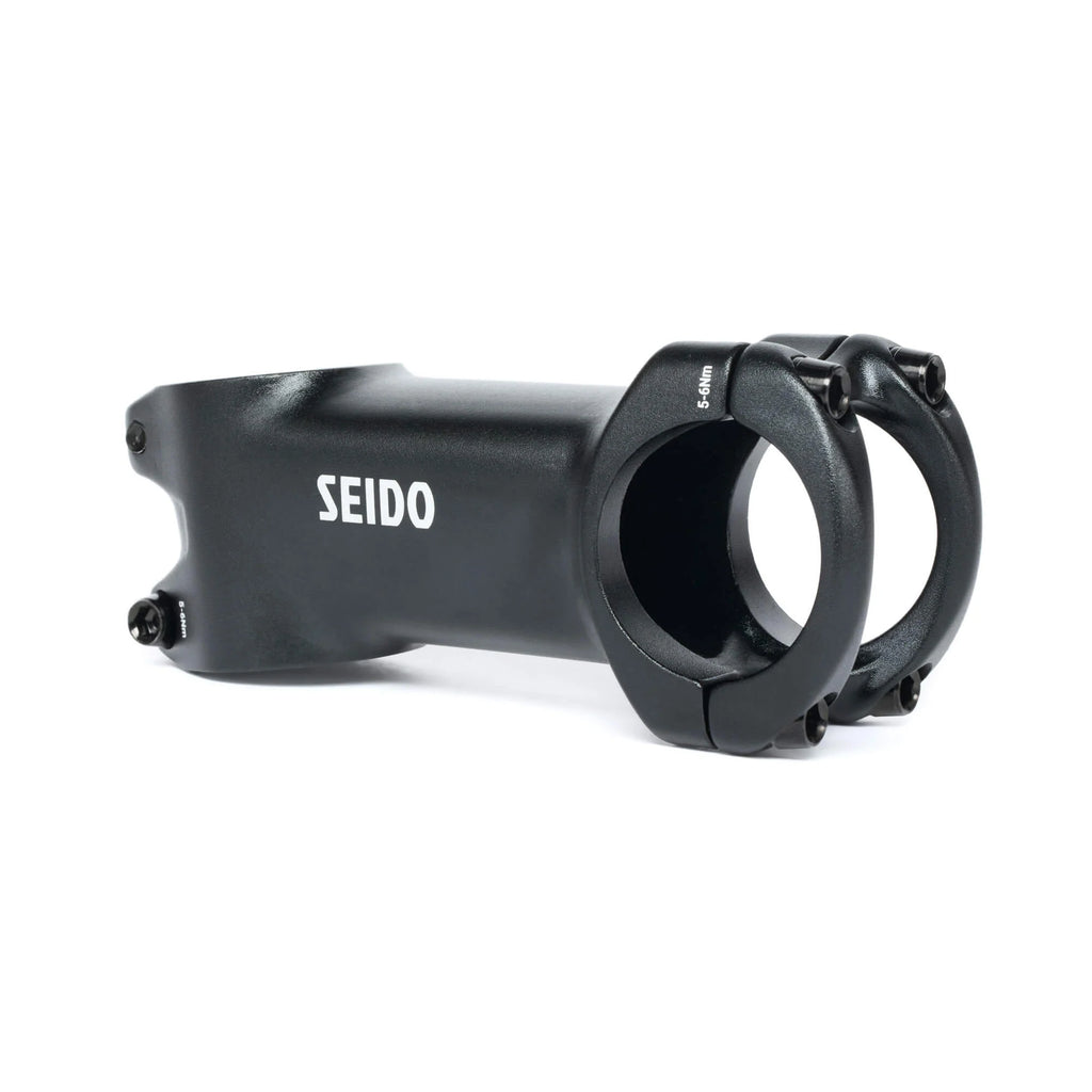 SEIDO Meander threadless bicycle stem, 80mm length, black, angled view showing the SEIDO logo and the two-bolt handlebar clamp.