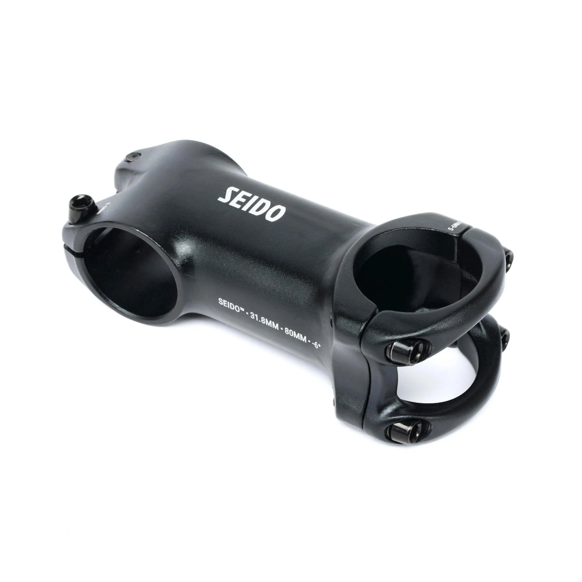 SEIDO Meander threadless bicycle stem, 80mm length, black, showing the laser-etched specifications: 31.8mm clamp, 80mm reach, and 6-degree rise/drop.