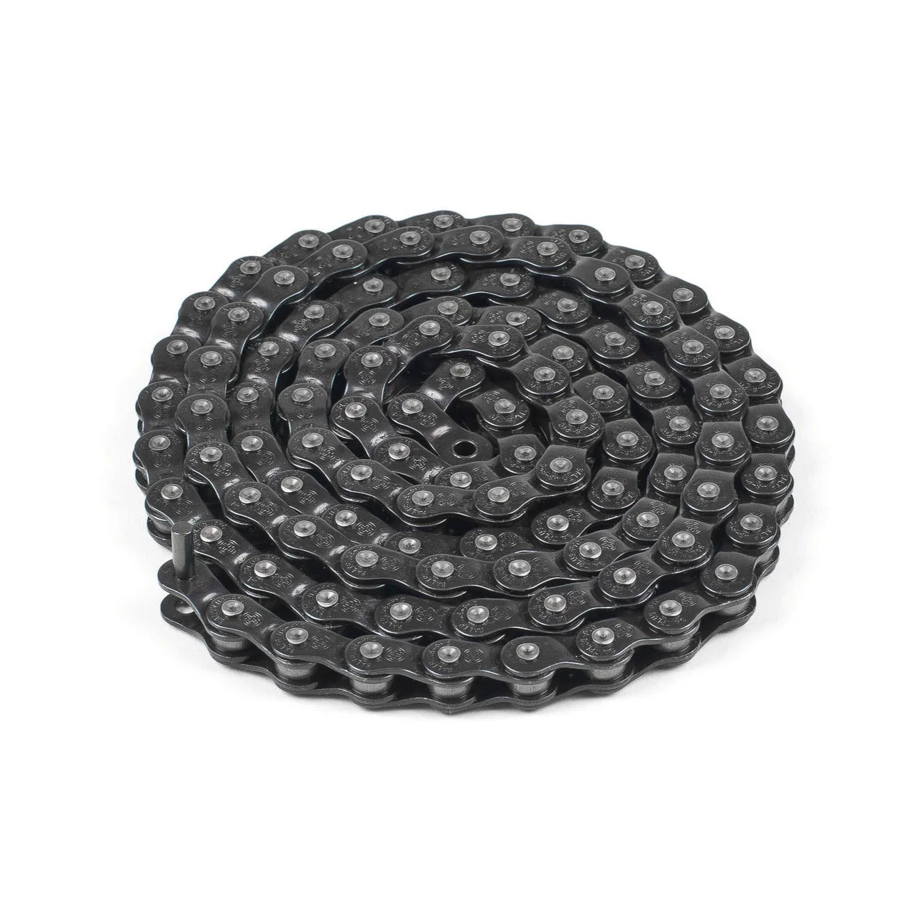 SALTPLUS Warlock BMX Chain, black, shown tightly coiled, highlighting the half-link design and sturdy pins.