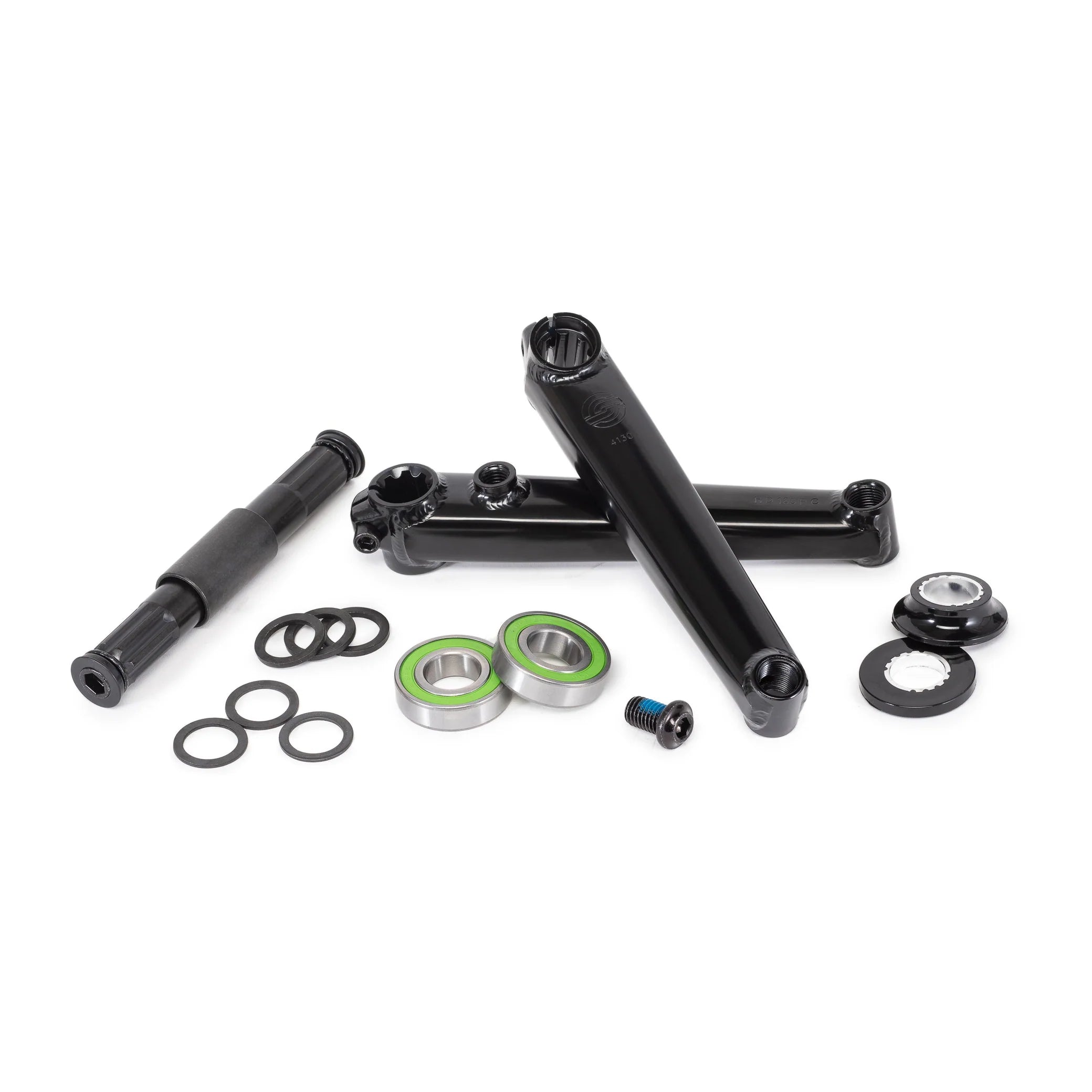 SALT Revo BMX Crank Set, black, shown fully disassembled, including the crank arms, 19mm spindle, bearings, and assorted hardware/spacers.