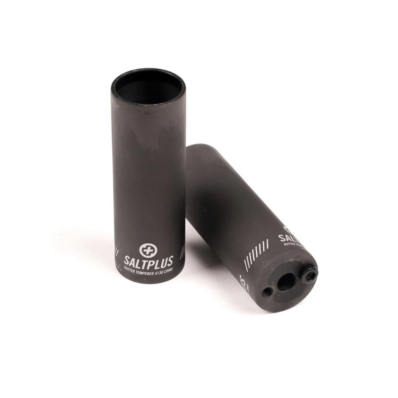 Pair of SALTPLUS HQ BMX Pegs, black, made from Butted Tempered 4130 Chromoly steel, showing the full and hollow ends and laser-etched branding.