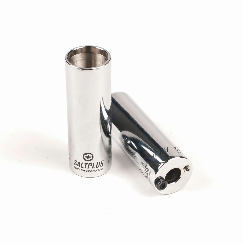 Pair of SALTPLUS HQ BMX Pegs, Chrome Plated (CP) finish, made from Butted Tempered 4130 Chromoly, showing the hollow end and laser-etched branding.