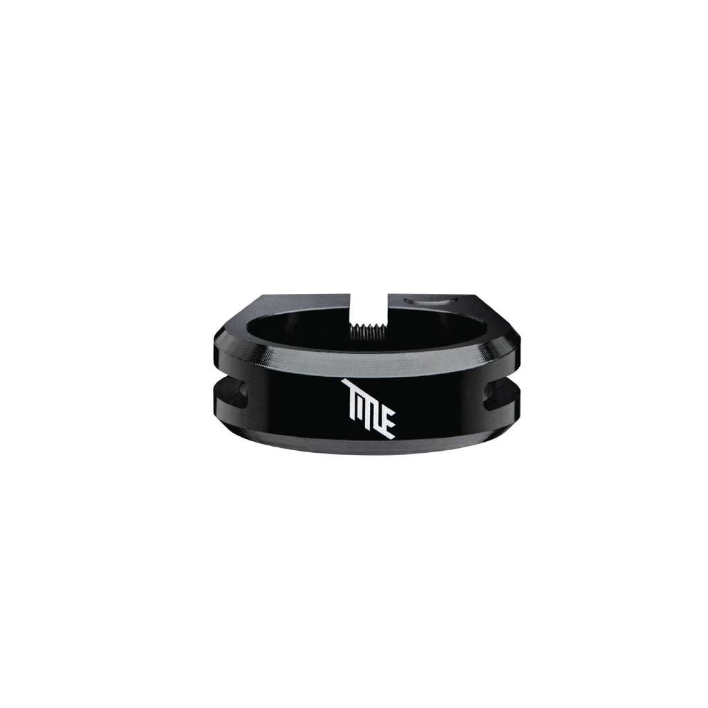 Black Title MTB seatpost clamp with white Title logo