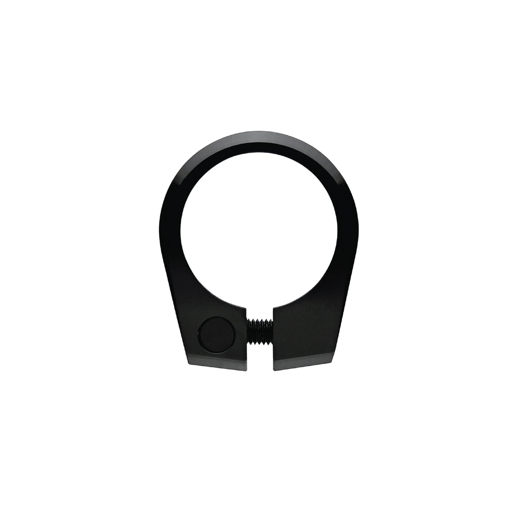 Black bicycle seatpost clamp with bolt