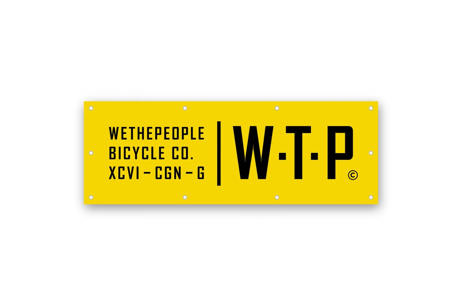 Yellow WeThePeople Bicycle Co. W-T-P logo plaque with 'XCVI-CGN-G' text