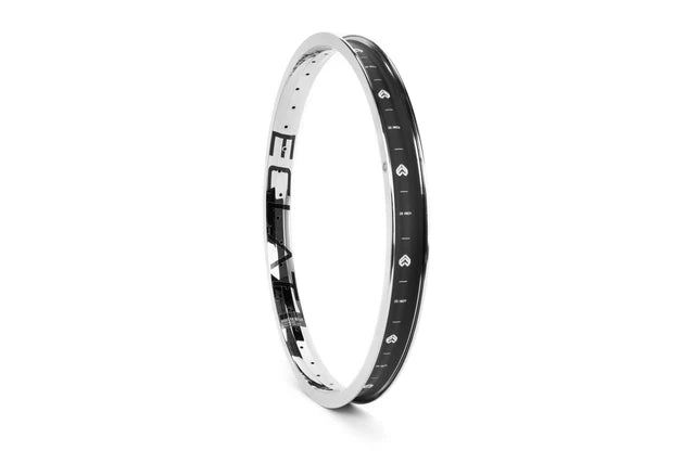 Éclat Bondi straight-wall BMX rim in chrome plated (CP) finish, angled view showing the large ÉCLAT sidewall logo and internal graphics/markings.