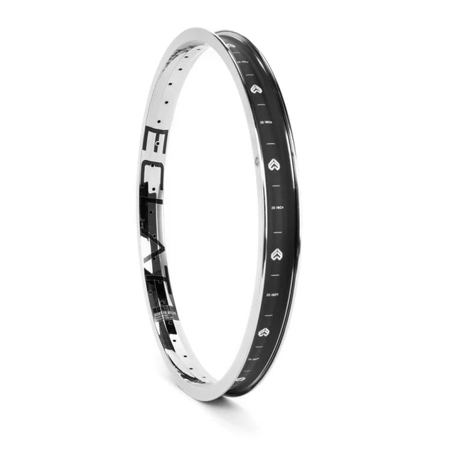 Éclat Bondi straight-wall BMX rim in a bright Chrome Plated (CP) finish, angled view showing the bold ÉCLAT sidewall logo and internal graphics/markings.
