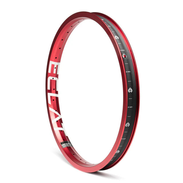Éclat Bondi straight-wall BMX rim, sandblast red finish, angled view showing the large ÉCLAT sidewall logo and internal graphics/markings