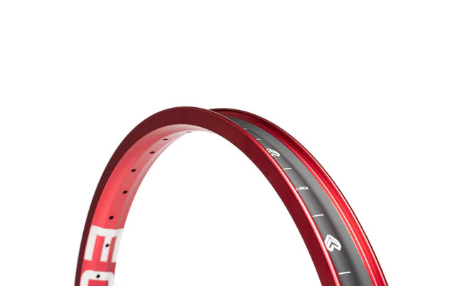 Close-up view of the Éclat Bondi straight-wall BMX rim in sandblast red, highlighting the internal graphics and 20 inch size text on the rim bed.