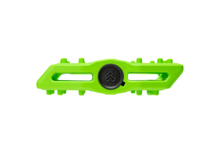 Green bike pedal with a black center on a white background