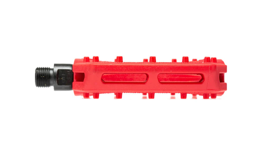 Red bike pedal with black axle on a white background
