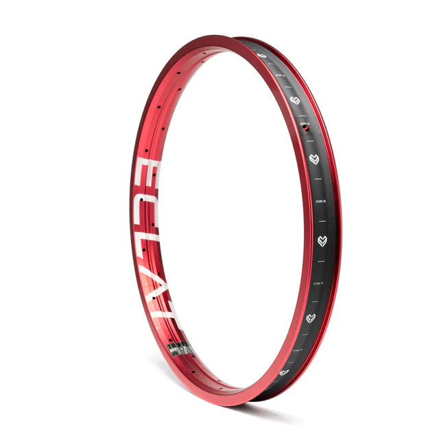 Éclat Trippin double-wall BMX rim in sandblast red finish, angled view showing the large ÉCLAT sidewall logo and internal rim bed graphics.
