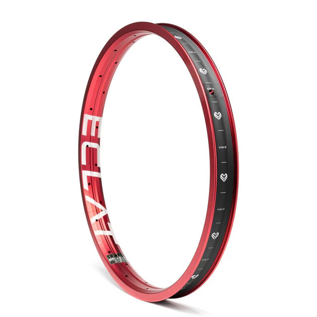 Éclat Trippin double-wall BMX rim, sandblast red finish, angled view showing the large ÉCLAT sidewall logo and 36-hole configuration.