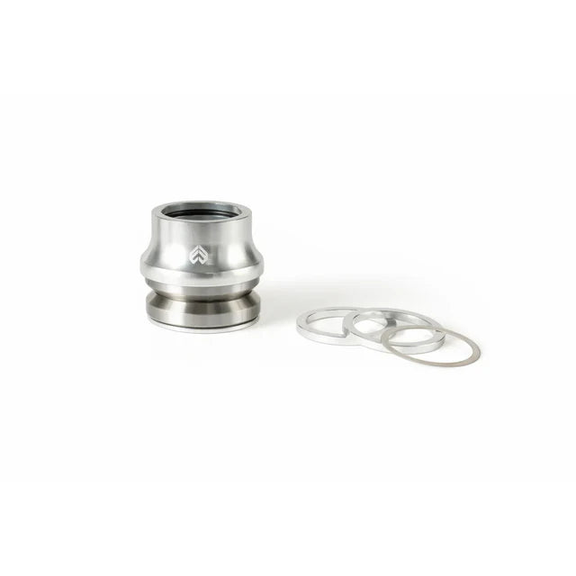 Éclat Wave 22 Integrated Headset, high polished silver finish, shown disassembled with the main unit and aluminum/steel spacer rings.