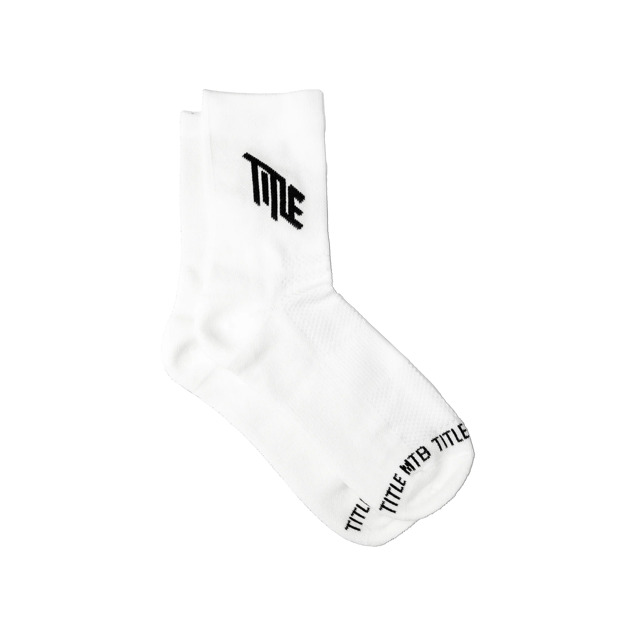 A pair of white Title MTB Everyday socks, featuring the black 'TITLE' logo prominently displayed on the cuff and 'TITLE MTB TITLE' text visible near the toe, set against a clean white background.