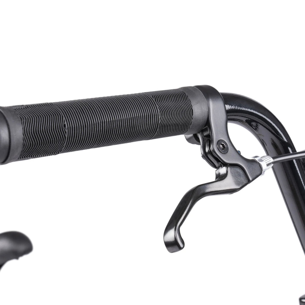 Close-up of a bicycle handlebar with black grips and brake lever on a white background
