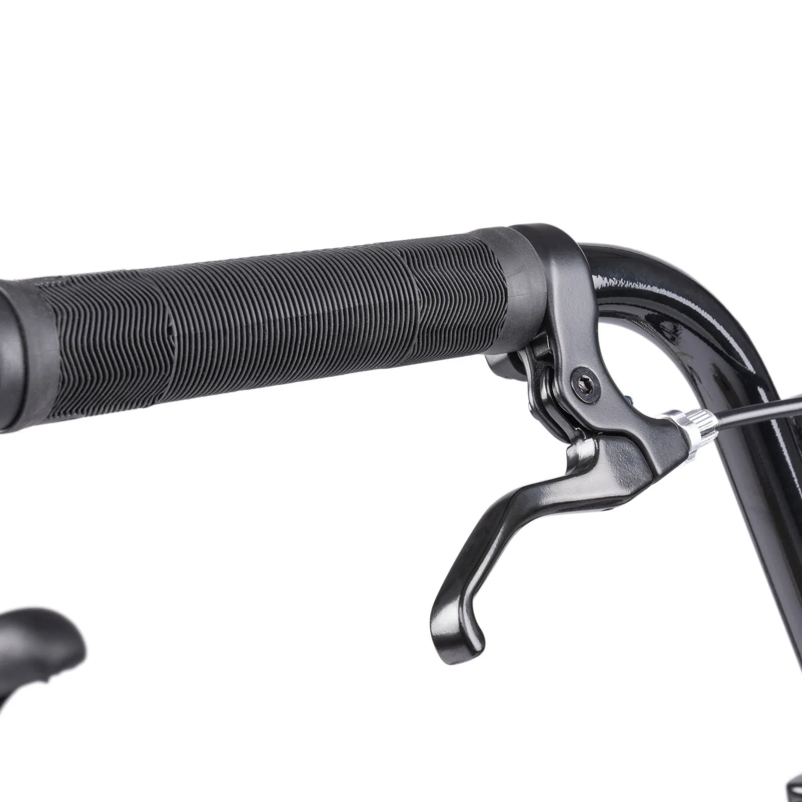 Close-up of a bicycle handlebar with black grips and brake lever on a white background