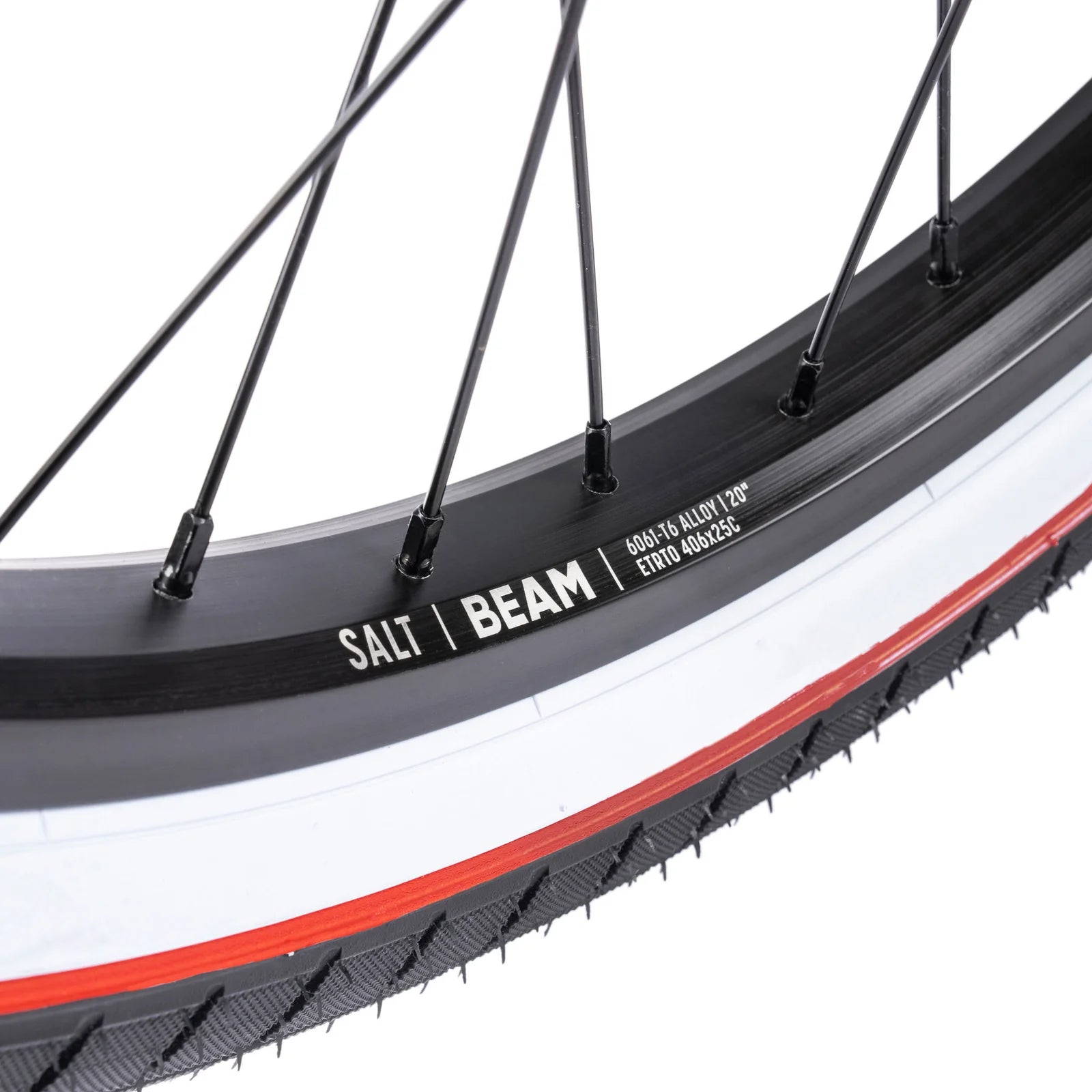 Close-up of a bicycle wheel with 'Salt Beam' branding on a white background