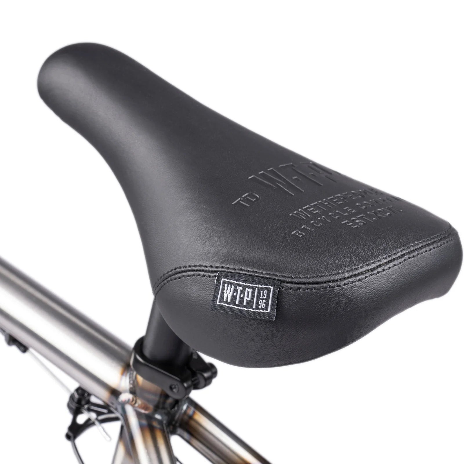 Black bicycle seat with a visible brand logo on a white background